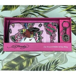 Ed Hardy Zip Around Wallet Wristlet Key Ring Vegan Leather